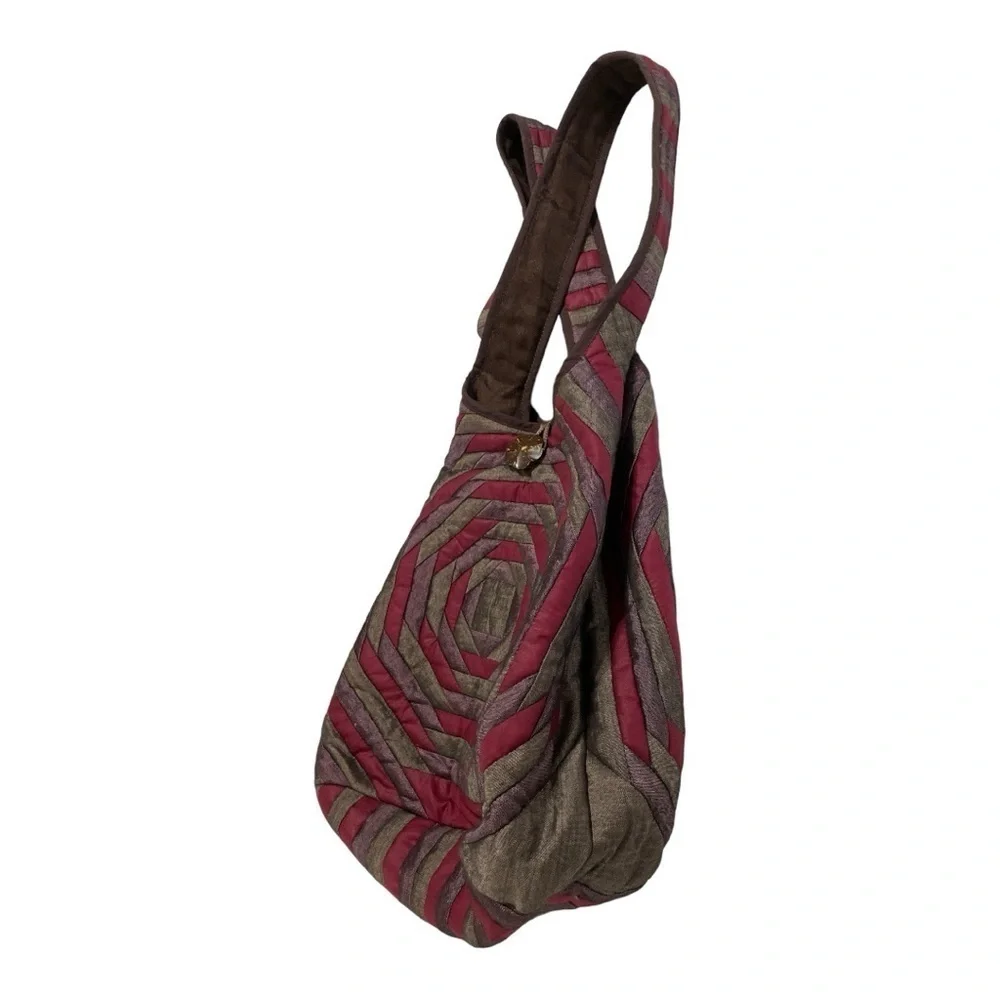 Boho Quilted Silk Shoulder Bag | Red Brown Patchwork Hobo | Coconut Button